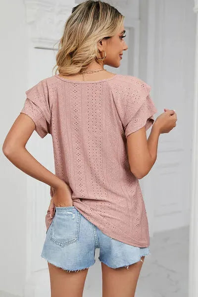 Eyelet V-Neck Short Sleeve T-Shirt Women's T-Shirts - Tophatter Daily Deals